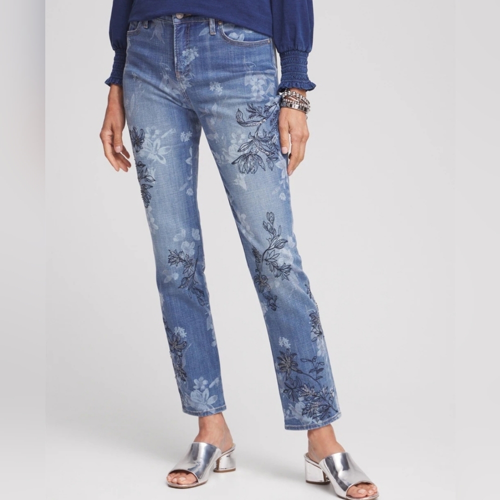 Chico's Blue Floral-Print Cropped Jeans
